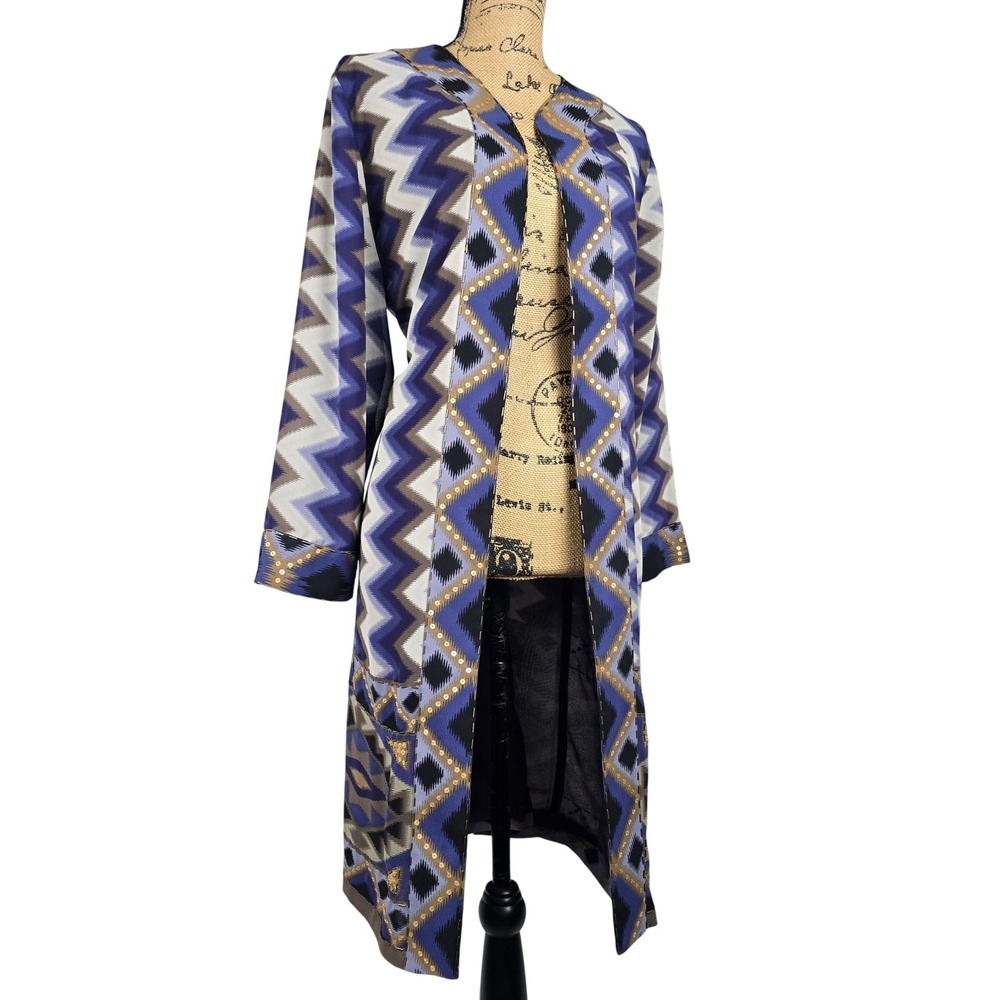 Chicos Purple Geometric Ikat Sequin Embellished Open Front Cardigan Size 2 Large
